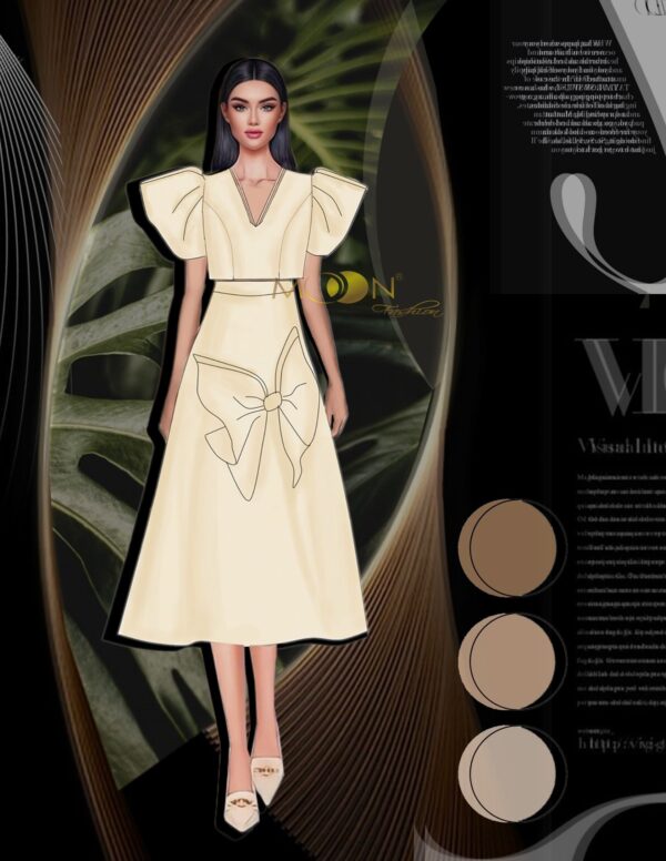 Bộ váy vô cùng thanh lịch, nhẹ nhàng gồm áo cổ chữ v, với phần cánh tay mới lạ kết hợp cùng chân váy xòe mang lại vẻ đẹp dịu dàng và duyên dáng, đồng thời giúp che đi những khuyết điểm về bụng và hông.