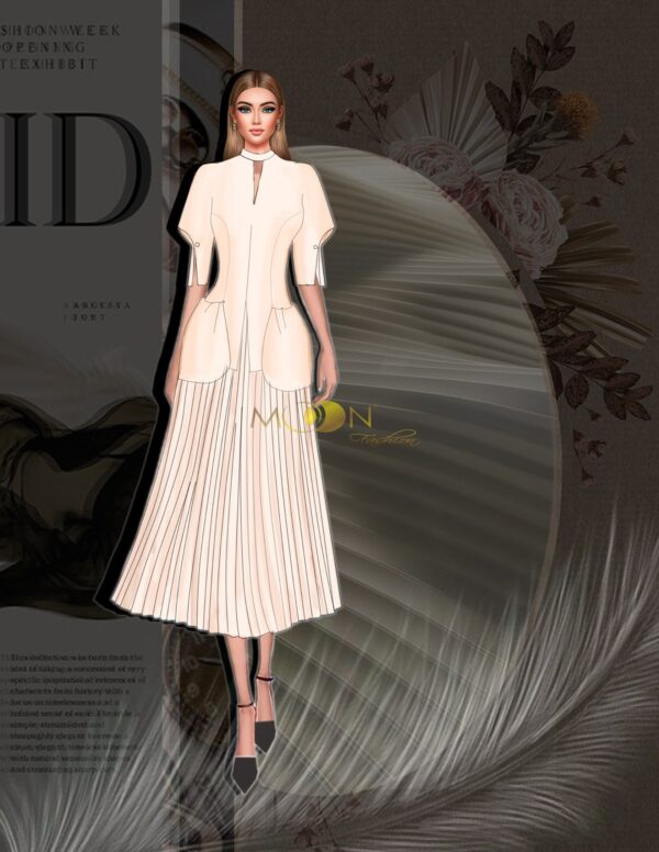 Mẫu đầm hiện đại dành cho những ai yêu thích phong cách kín đáo, thanh lịch nhưng cực kỳ sang trọng. Phần cổ kín đáo, tay phồng ngắn cùng chân váy dạng xếp ly mang đến sự nữ tính, nhẹ nhàng, hiện đại cho người mặc.