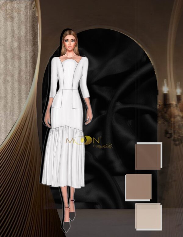 Mẫu thiết kế với màu trắng chủ đạo, phần thân ôm sát body, phần chân váy đuôi cá dạng xếp ly vừa mang vẻ quyến rủ, hiện đại lại vừa mang nét thanh lịch, nhẹ nhàng. Nhờ vậy mà sản phẩm mới mang một vẻ đẹp hoàn hảo.