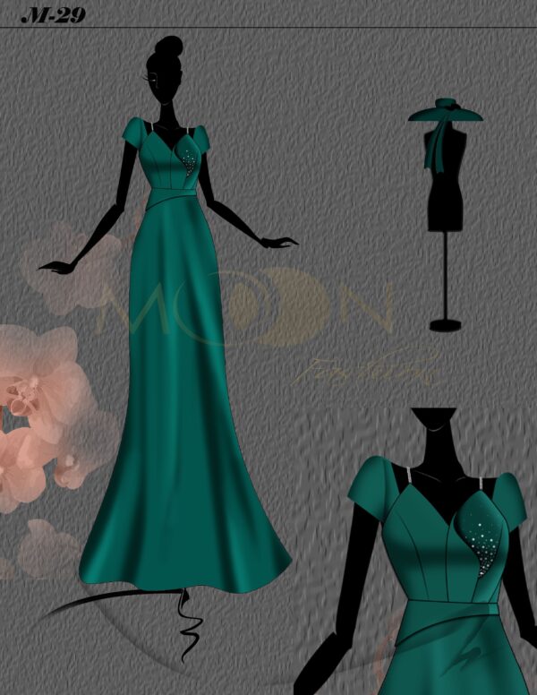 Mẫu M-29 là thiết kế mẫu đầm dạ hội với phần eo ôm sát body, phần chân váy xòa nhẹ mang đến sự sang trọng và quyến rủ. Màu xanh của thiết kế tôn lên vẻ đẹp tự nhiên của người mặc, phù hợp với nhiều sự kiện.
