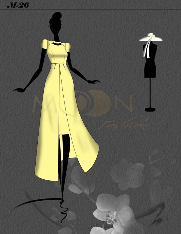 Mẫu M-26 là mẫu đầm màu vàng với thiết kế hiện đại, mới mẻ. Điểm nhấn của sản phẩm là phần cổ đẹp mắt và phần tà váy được được thiết kế thêm bên ngoài đem đến cảm giác vừa truyền thống vừa hiện đại.