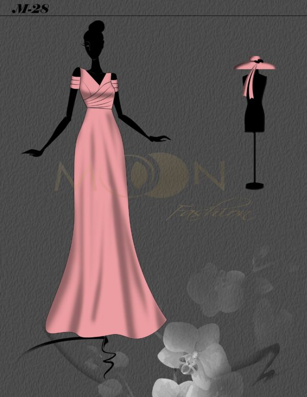 Mẫu M-28 là một chiếc đầm dạ hội màu hồng tinh tế và quyến rủ. Với phần ngực cắt xẻ, phần eo ôm sát body, chân váy xòe nhẹ tôn lên đường cong của người mặc. Chất liệu đầm mềm mại mang đến cảm giác thoải mái khi diện.